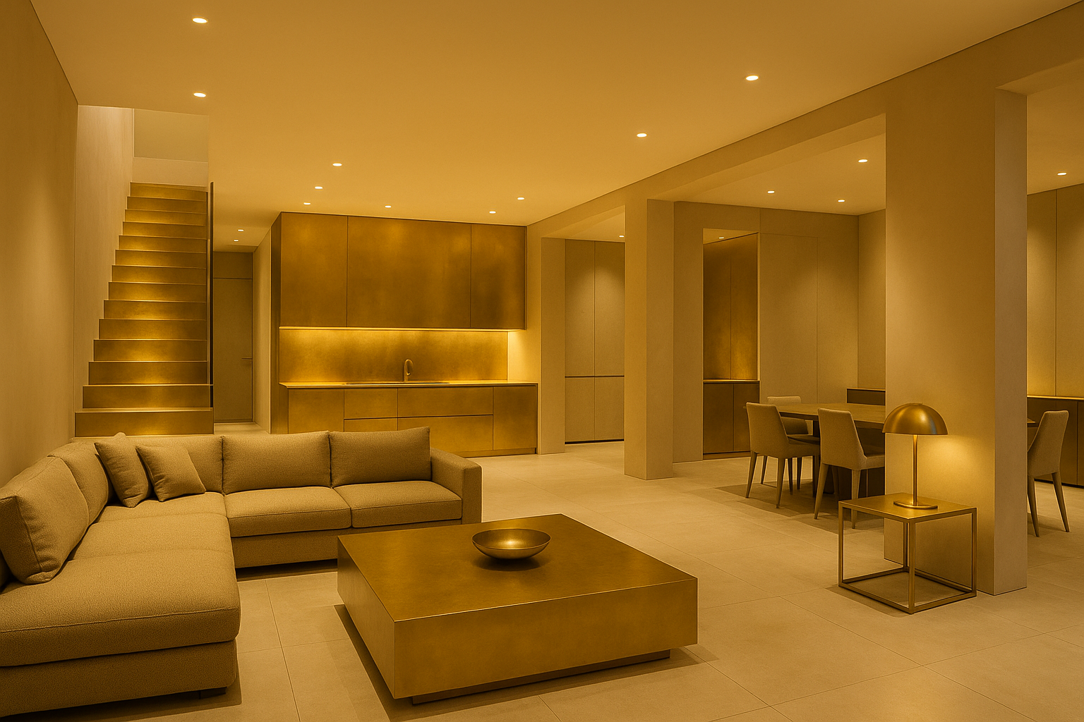imagen de un hogar moderlo minimalista diseñado con colores dorados 